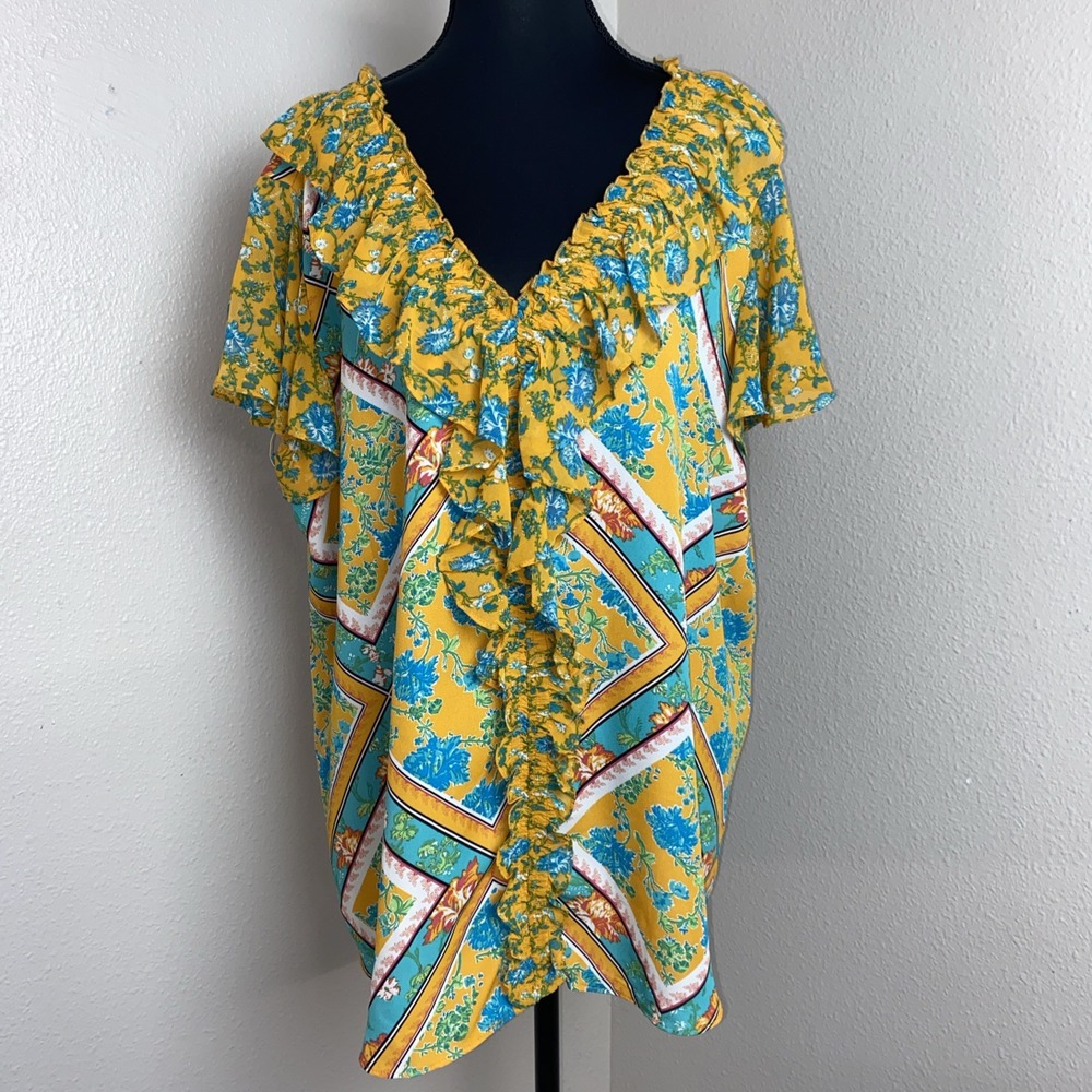 Cato Blouse Women's 18/20 Floral Yellow/Green Sheer‎ Lightweight Springtime Fun